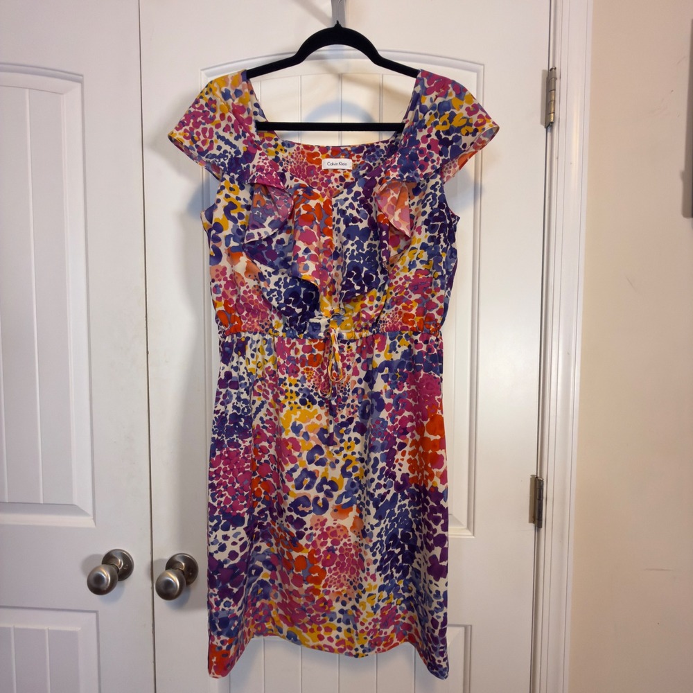 Calvin Klein Womens 8 Multi Color Abstract Leopard Print Ruffle Sheath Dress - Picture 2 of 9